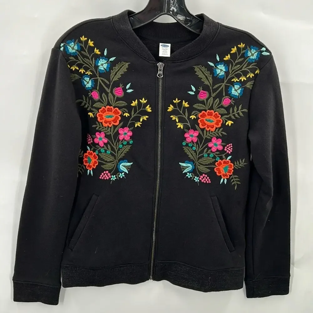 Old Navy Girl's Black Full Zip Sweatshirt Floral Embroidery size 14